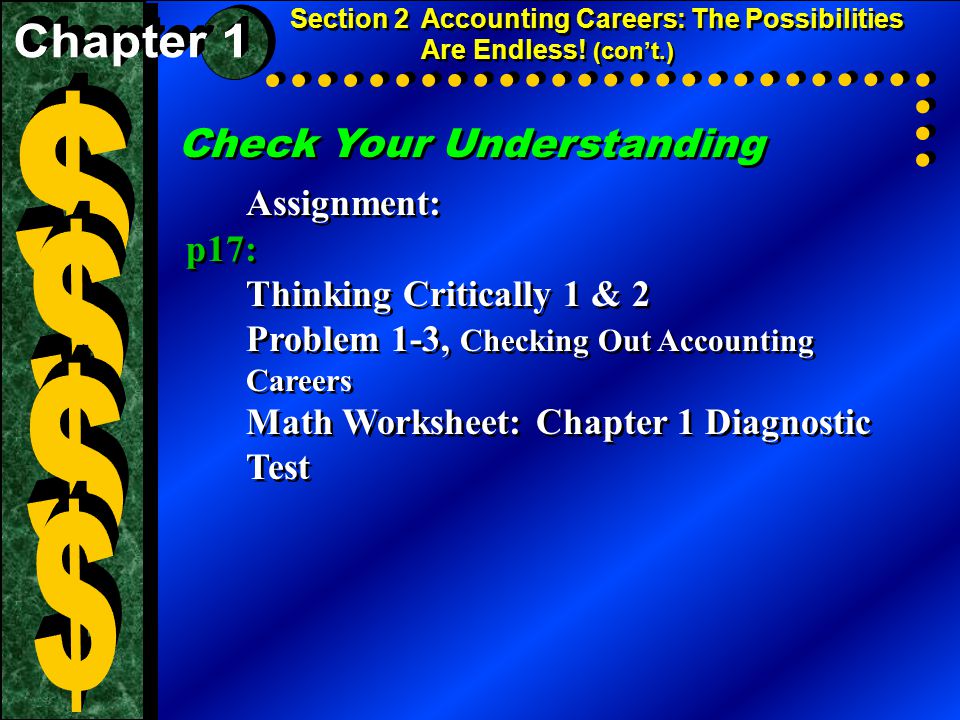Check Your Understanding Assignment: p17: Thinking Critically 1 & 2 Problem 1-3, Checking Out Accounting Careers Math Worksheet: Chapter 1 Diagnostic Test Assignment: p17: Thinking Critically 1 & 2 Problem 1-3, Checking Out Accounting Careers Math Worksheet: Chapter 1 Diagnostic Test Section 2 Accounting Careers: The Possibilities Are Endless.