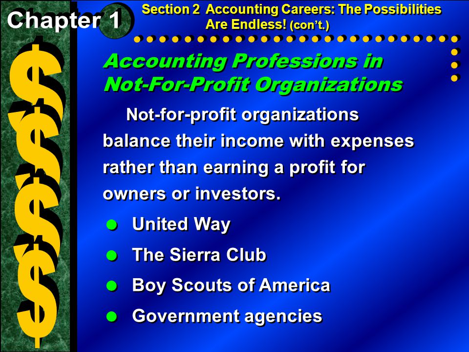 Accounting Professions in Not-For-Profit Organizations Not-f or-profit organizations balance their income with expenses rather than earning a profit for owners or investors.