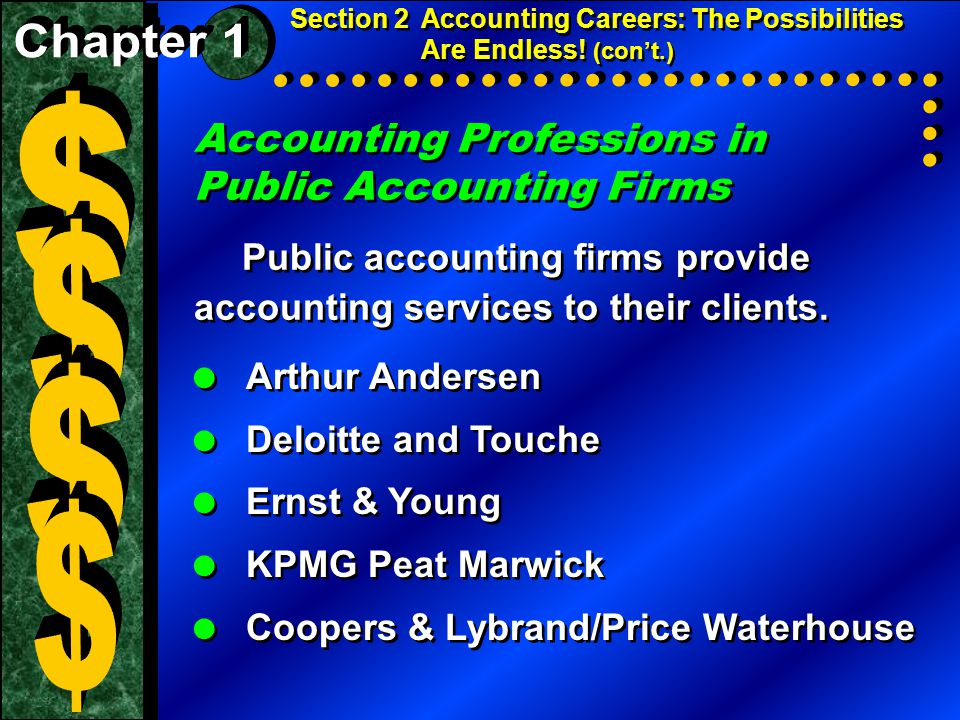 Accounting Professions in Public Accounting Firms Public accounting firms provide accounting services to their clients.