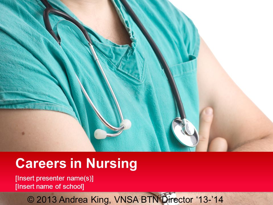 [Insert presenter name(s)] [Insert name of school] Careers in Nursing © 2013 Andrea King, VNSA BTN Director ‘13-’14