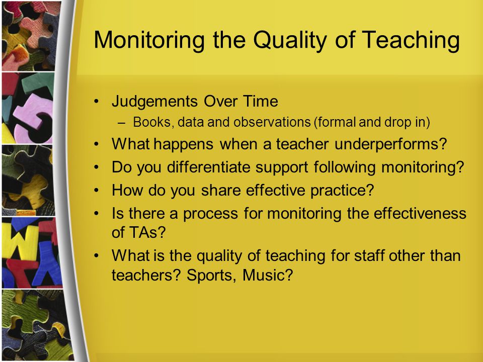 Monitoring the Quality of Teaching Judgements Over Time –Books, data and observations (formal and drop in) What happens when a teacher underperforms.