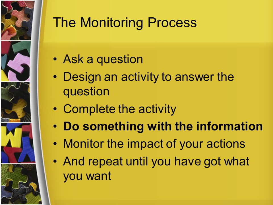 The Monitoring Process Ask a question Design an activity to answer the question Complete the activity Do something with the information Monitor the impact of your actions And repeat until you have got what you want
