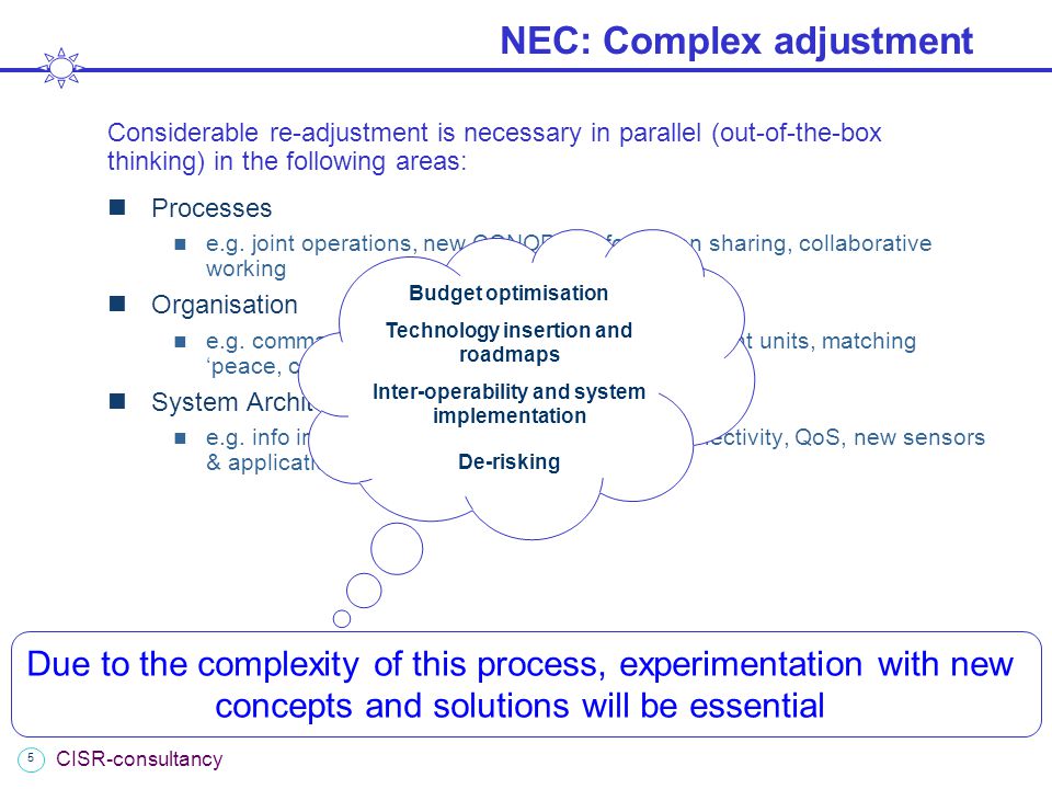 5 CISR-consultancy NEC: Complex adjustment Considerable re-adjustment is necessary in parallel (out-of-the-box thinking) in the following areas: Processes e.g.