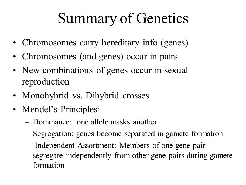 Summary of Genetics Chromosomes carry hereditary info (genes) Chromosomes (and genes) occur in pairs New combinations of genes occur in sexual reproduction Monohybrid vs.