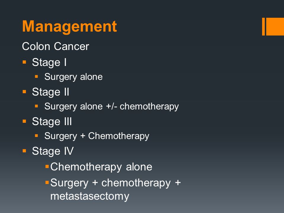 Management Colon Cancer  Stage I  Surgery alone  Stage II  Surgery alone +/- chemotherapy  Stage III  Surgery + Chemotherapy  Stage IV  Chemotherapy alone  Surgery + chemotherapy + metastasectomy