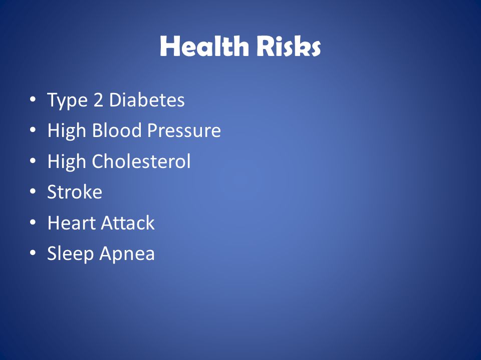 Health Risks Type 2 Diabetes High Blood Pressure High Cholesterol Stroke Heart Attack Sleep Apnea