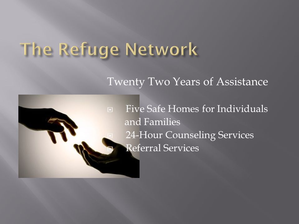 Twenty Two Years of Assistance  Five Safe Homes for Individuals and Families  24-Hour Counseling Services  Referral Services
