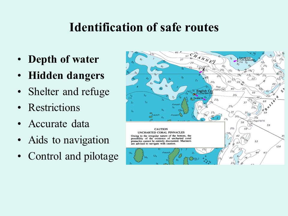 Identification of safe routes Depth of water Hidden dangers Shelter and refuge Restrictions Accurate data Aids to navigation Control and pilotage