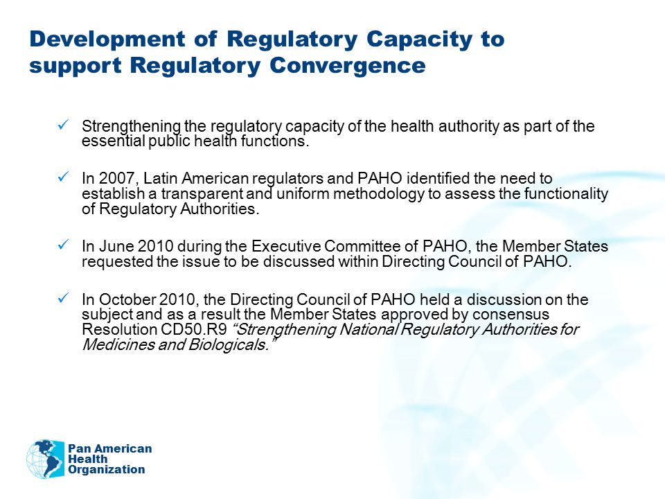 Strengthening the regulatory capacity of the health authority as part of the essential public health functions.