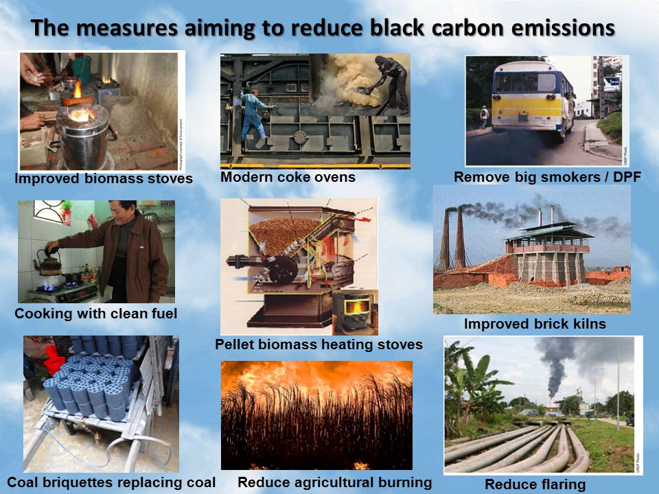 The measures aiming to reduce black carbon emissions Improved biomass stoves Modern coke ovensRemove big smokers / DPF Cooking with clean fuel Pellet biomass heating stoves Improved brick kilns Coal briquettes replacing coalReduce agricultural burning Reduce flaring