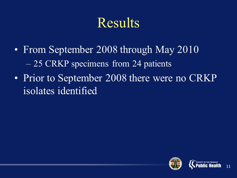 Results From September 2008 through May 2010 –25 CRKP specimens from 24 patients Prior to September 2008 there were no CRKP isolates identified 11