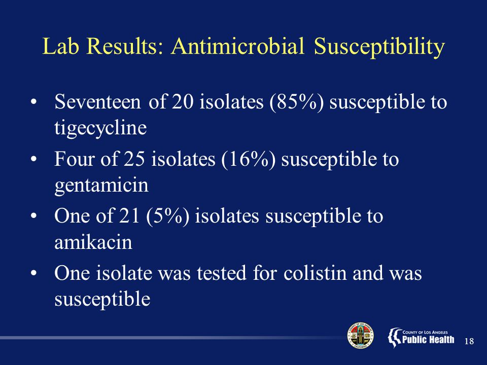Lab Results: Antimicrobial Susceptibility Seventeen of 20 isolates (85%) susceptible to tigecycline Four of 25 isolates (16%) susceptible to gentamicin One of 21 (5%) isolates susceptible to amikacin One isolate was tested for colistin and was susceptible 18