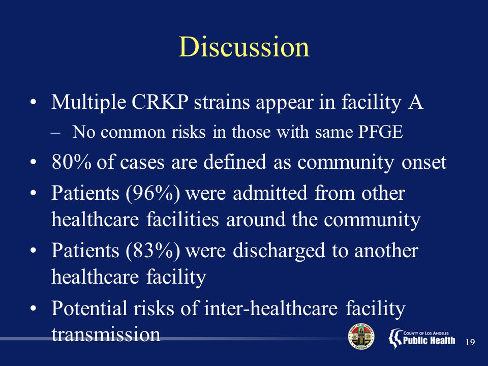 Discussion Multiple CRKP strains appear in facility A –No common risks in those with same PFGE 80% of cases are defined as community onset Patients (96%) were admitted from other healthcare facilities around the community Patients (83%) were discharged to another healthcare facility Potential risks of inter-healthcare facility transmission 19