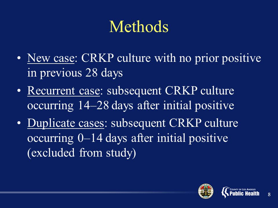 Methods New case: CRKP culture with no prior positive in previous 28 days Recurrent case: subsequent CRKP culture occurring 14–28 days after initial positive Duplicate cases: subsequent CRKP culture occurring 0–14 days after initial positive (excluded from study) 8