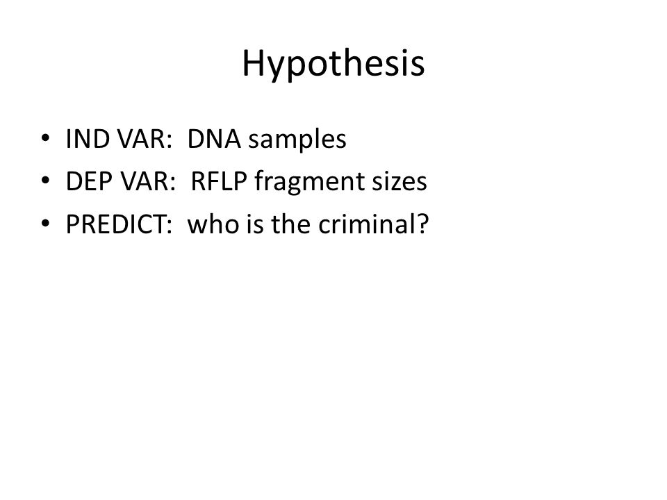 Hypothesis IND VAR: DNA samples DEP VAR: RFLP fragment sizes PREDICT: who is the criminal