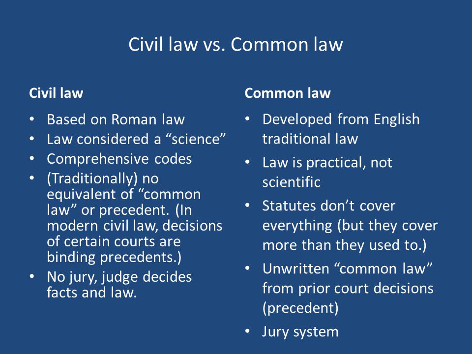 Introduction to Common Law. Families of legal systems Civil Law Common Law  Mixed (Civil and Common Law elements.) Religious or customary law – (e.g.,  - ppt download