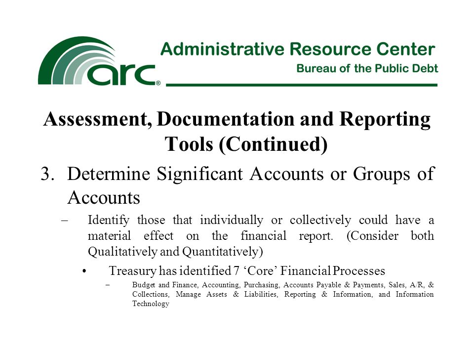 Assessment, Documentation and Reporting Tools (Continued) 3.Determine Significant Accounts or Groups of Accounts –Identify those that individually or collectively could have a material effect on the financial report.