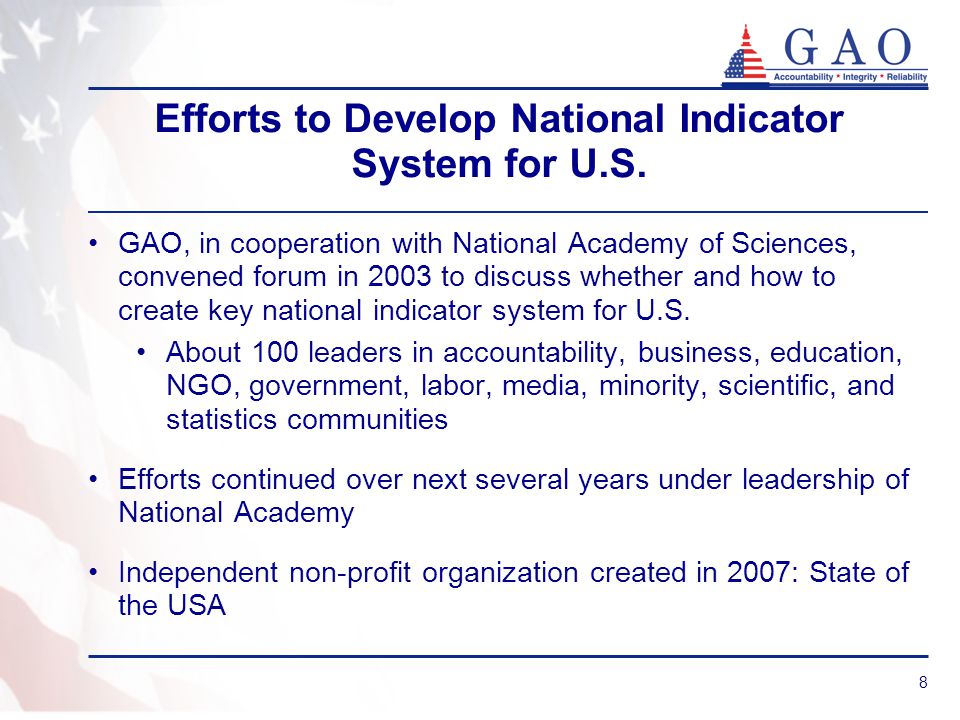 8 Efforts to Develop National Indicator System for U.S.