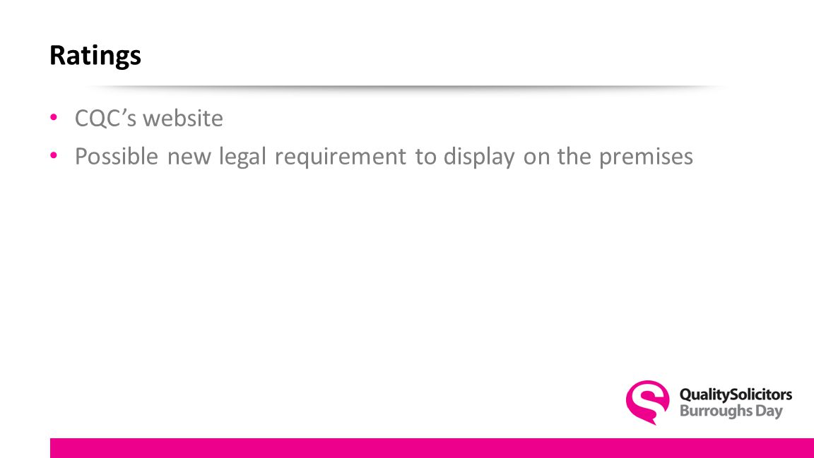Ratings CQC’s website Possible new legal requirement to display on the premises