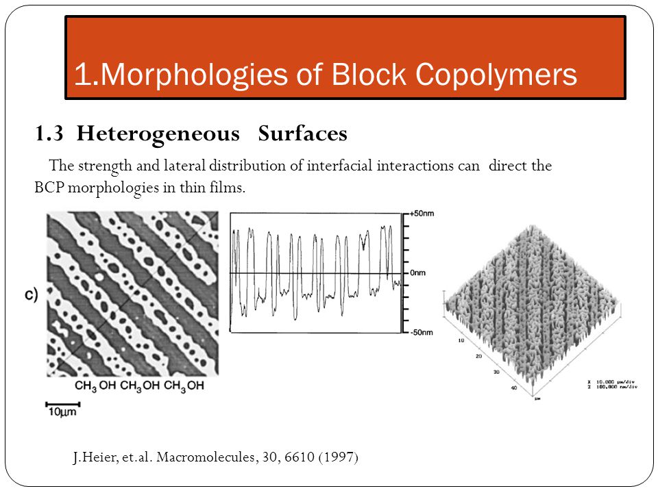 1.Morphologies of Block Copolymers 1.3 Heterogeneous Surfaces The strength and lateral distribution of interfacial interactions can direct the BCP morphologies in thin films.