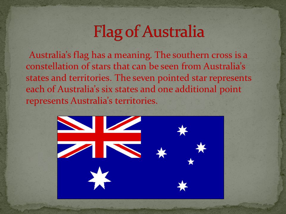 Evan Ratcliff 2 period. Political Physical Australia's flag has a meaning. The southern cross is of stars that can seen from Australia's. - ppt download