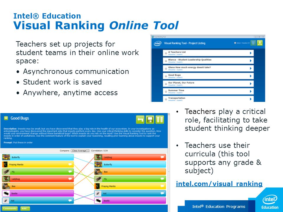 Intel ® Education Programs Intel® Education Visual Ranking Online Tool Teachers set up projects for student teams in their online work space: Asynchronous communication Student work is saved Anywhere, anytime access Teachers play a critical role, facilitating to take student thinking deeper Teachers use their curricula (this tool supports any grade & subject) intel.com/visual ranking