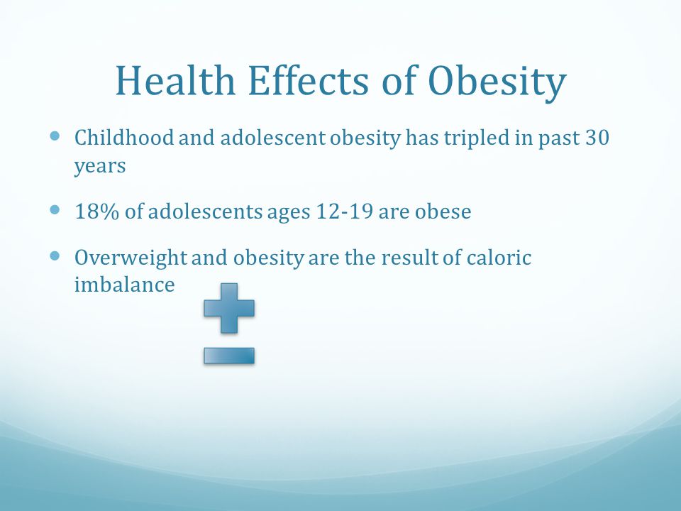 Long Term Consequences of Physical Inactivity Physical inactivity and poor diet lead to becoming overweight/obese Increases risk for diabetes, high blood pressure, high cholesterol, and asthma Increases risk of dying prematurely or from heart disease