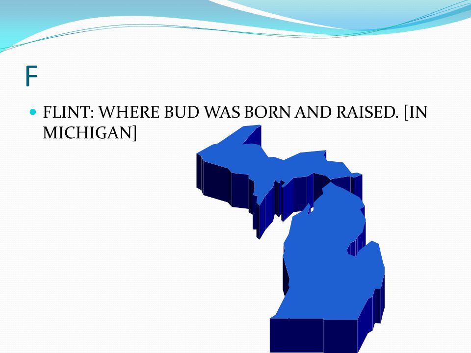 F FLINT: WHERE BUD WAS BORN AND RAISED. [IN MICHIGAN]