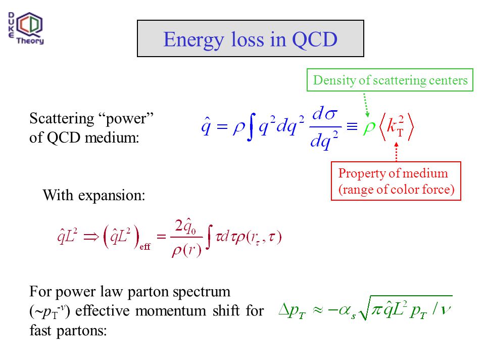 Energy loss in QCD For power law parton spectrum (  p T -v ) effective momentum shift for fast partons: With expansion: Scattering power of QCD medium: Density of scattering centers Property of medium (range of color force)