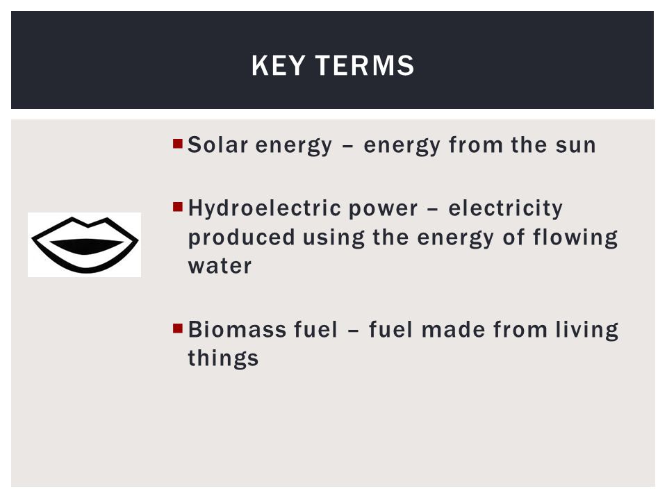  Solar energy – energy from the sun  Hydroelectric power – electricity produced using the energy of flowing water  Biomass fuel – fuel made from living things KEY TERMS