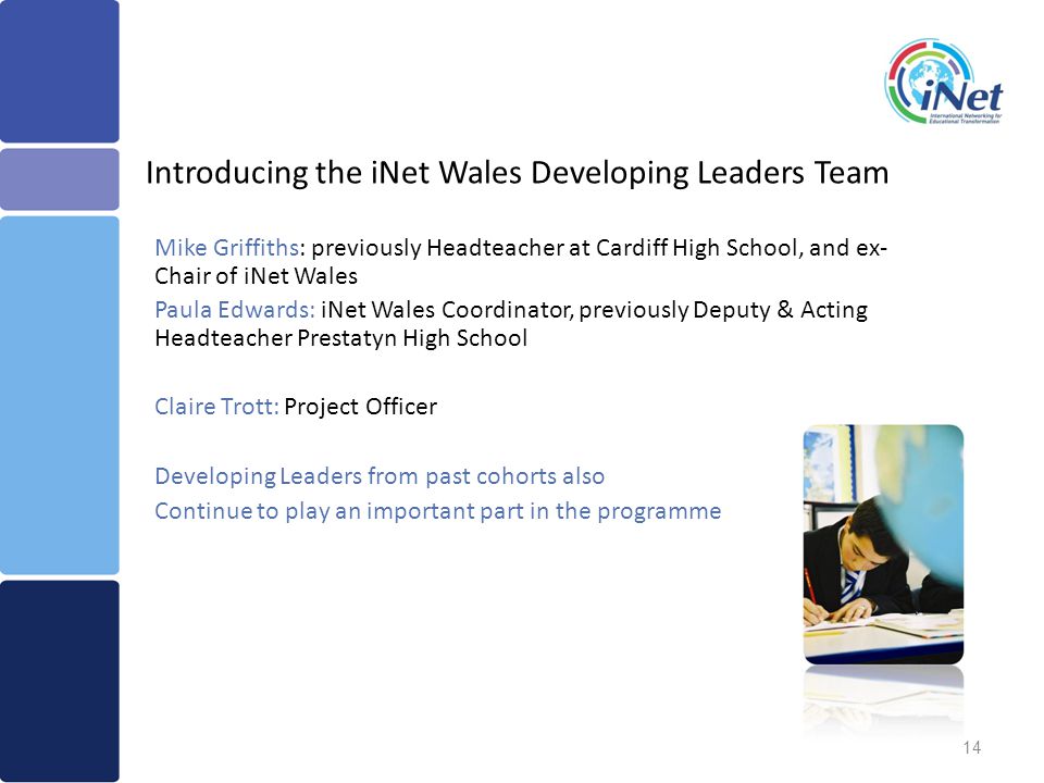 Mike Griffiths: previously Headteacher at Cardiff High School, and ex- Chair of iNet Wales Paula Edwards: iNet Wales Coordinator, previously Deputy & Acting Headteacher Prestatyn High School Claire Trott: Project Officer Developing Leaders from past cohorts also Continue to play an important part in the programme 14 Introducing the iNet Wales Developing Leaders Team