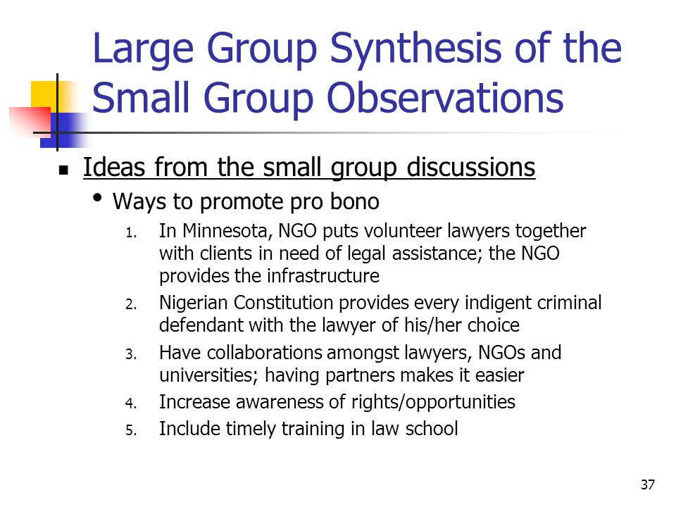 Large Group Synthesis of the Small Group Observations Ideas from the small group discussions Ways to promote pro bono 1.