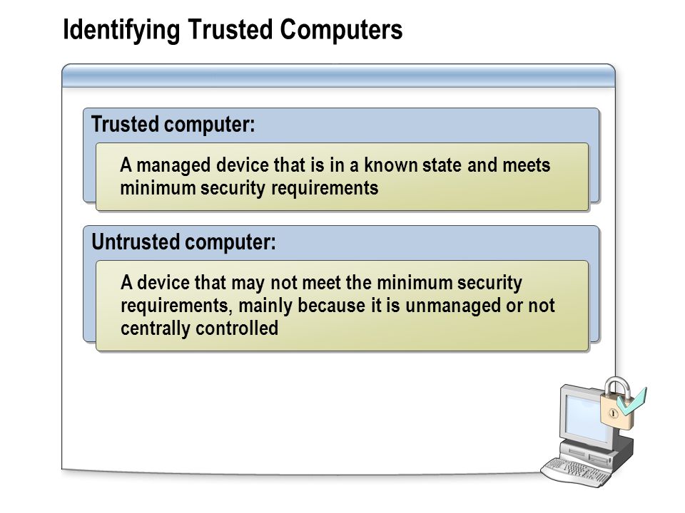 Identifying Trusted Computers Trusted computer: A managed device that is in a known state and meets minimum security requirements Untrusted computer: A device that may not meet the minimum security requirements, mainly because it is unmanaged or not centrally controlled