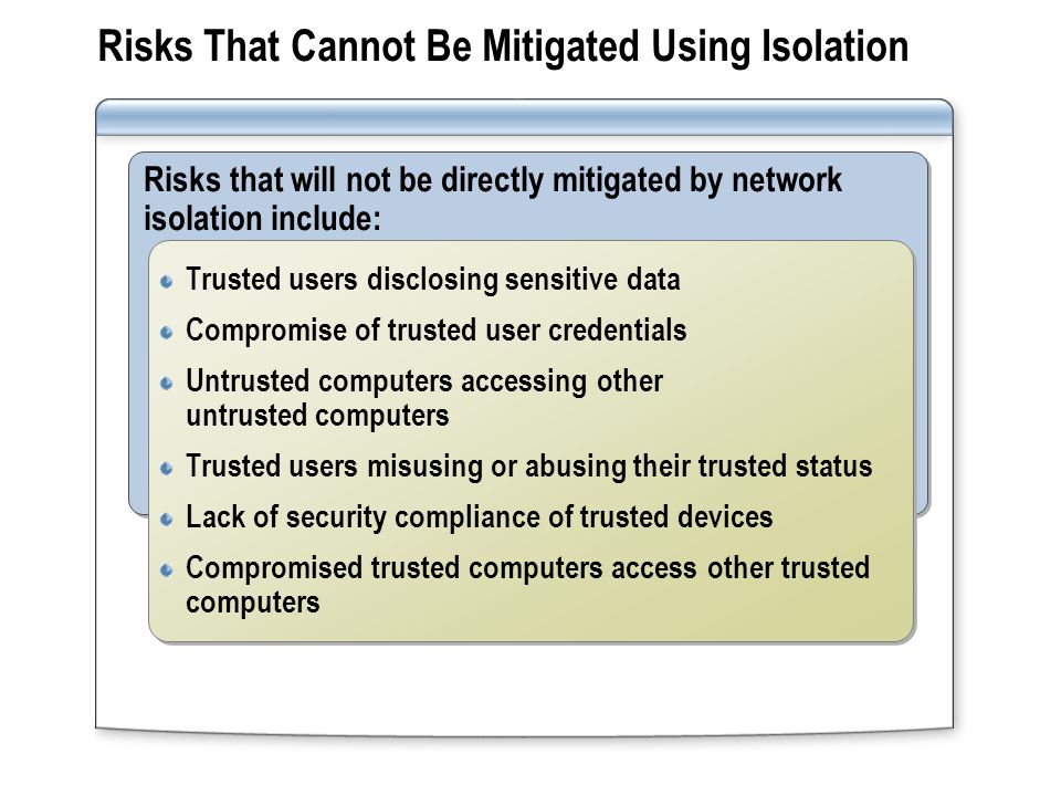 Risks That Cannot Be Mitigated Using Isolation Risks that will not be directly mitigated by network isolation include: Trusted users disclosing sensitive data Compromise of trusted user credentials Untrusted computers accessing other untrusted computers Trusted users misusing or abusing their trusted status Lack of security compliance of trusted devices Compromised trusted computers access other trusted computers Trusted users disclosing sensitive data Compromise of trusted user credentials Untrusted computers accessing other untrusted computers Trusted users misusing or abusing their trusted status Lack of security compliance of trusted devices Compromised trusted computers access other trusted computers