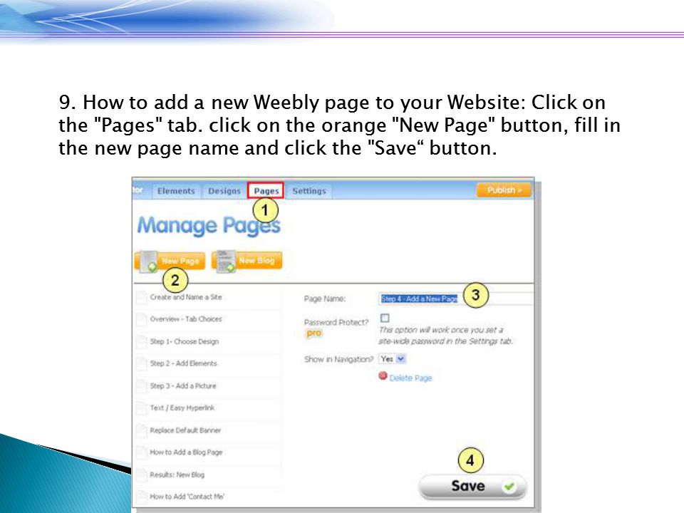 9. How to add a new Weebly page to your Website: Click on the Pages tab.