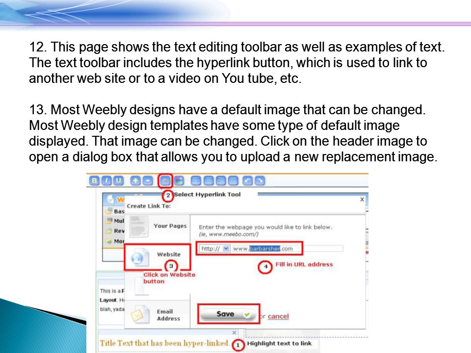 12. This page shows the text editing toolbar as well as examples of text.