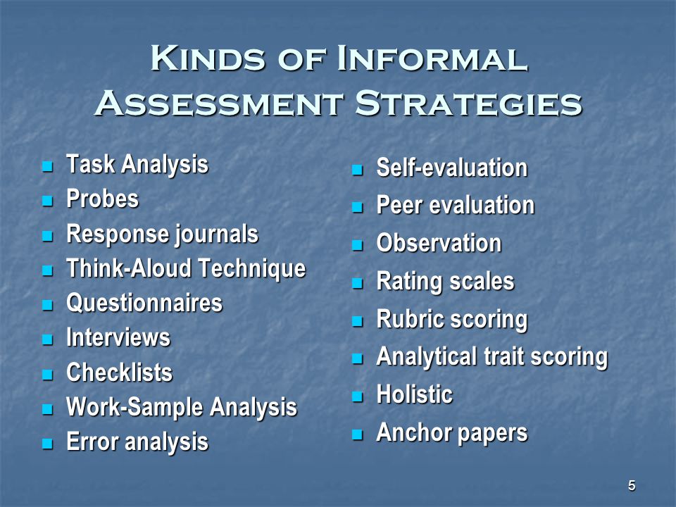 5 Kinds of Informal Assessment Strategies Task Analysis Task Analysis Probes Probes Response journals Response journals Think-Aloud Technique Think-Aloud Technique Questionnaires Questionnaires Interviews Interviews Checklists Checklists Work-Sample Analysis Work-Sample Analysis Error analysis Error analysis Self-evaluation Self-evaluation Peer evaluation Peer evaluation Observation Observation Rating scales Rating scales Rubric scoring Rubric scoring Analytical trait scoring Analytical trait scoring Holistic Holistic Anchor papers Anchor papers