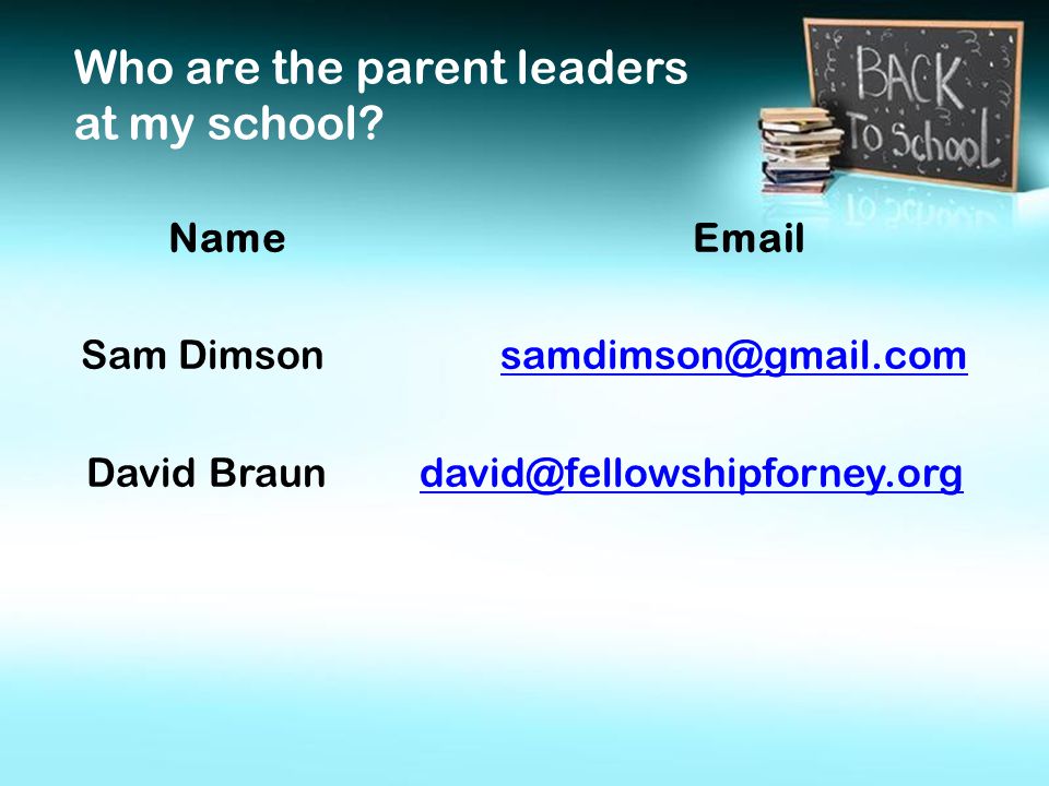 Name  Sam David Braun Who are the parent leaders at my school