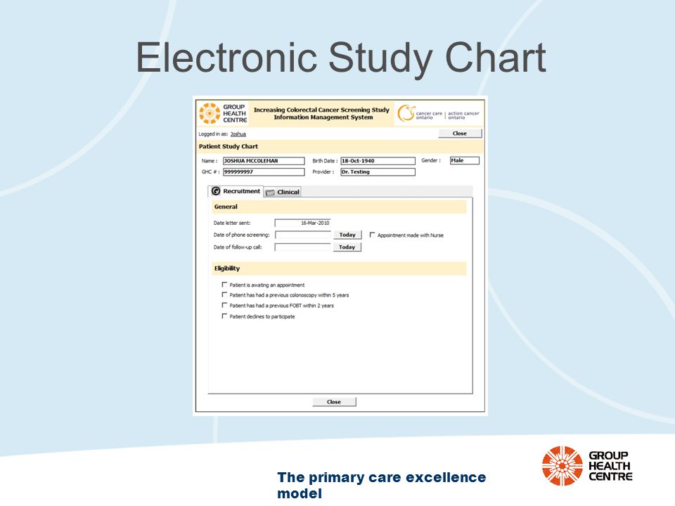 The primary care excellence model Electronic Study Chart
