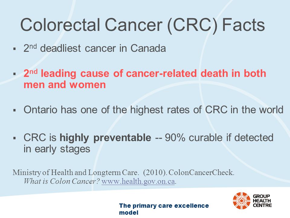 The primary care excellence model Colorectal Cancer (CRC) Facts  2 nd deadliest cancer in Canada  2 nd leading cause of cancer-related death in both men and women  Ontario has one of the highest rates of CRC in the world  CRC is highly preventable -- 90% curable if detected in early stages Ministry of Health and Longterm Care.