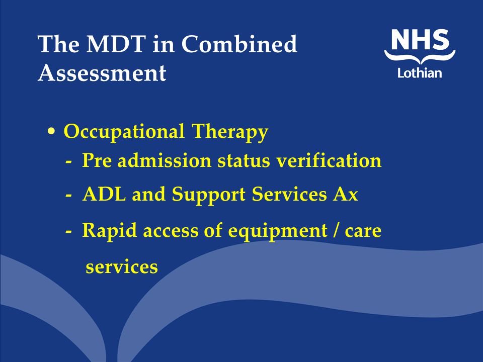 Primary Care Physicians: - Split sessions between GP clinic / CAA - Complex needs / frail elderly patients - Develop patient-specific plans with MDT - Knowledge, communication and discharge facilitation The MDT in the Combined Assessment