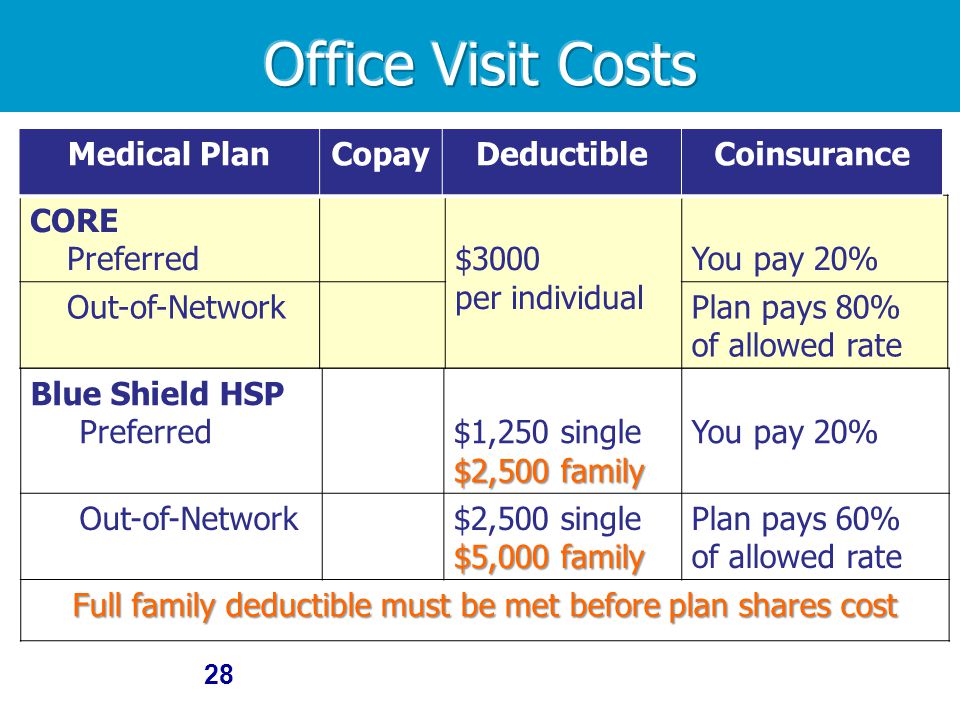 28 Blue Shield HSP Preferred $2,500 family $1,250 single $2,500 family You pay 20% Out-of-Network $5,000 family $2,500 single $5,000 family Plan pays 60% of allowed rate Full family deductible must be met before plan shares cost CORE Preferred $3000 per individual You pay 20% Out-of-NetworkPlan pays 80% of allowed rate Medical PlanCopayDeductibleCoinsurance