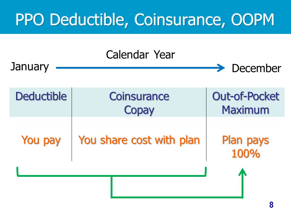 January Calendar Year December Deductible You pay CoinsuranceCopay You share cost with plan Out-of-Pocket Maximum Plan pays 100% 8