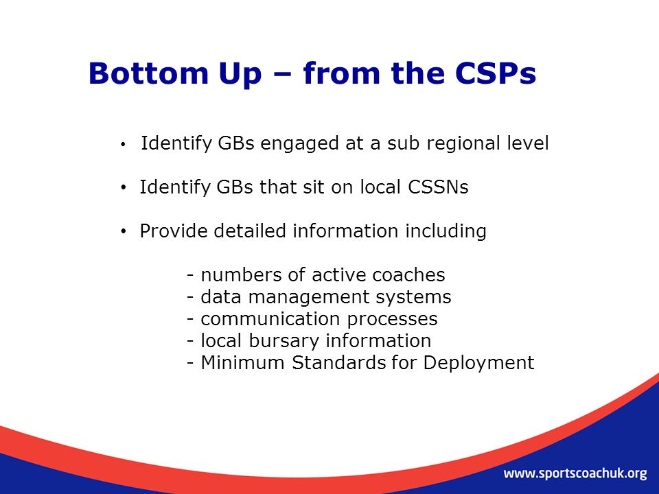 Bottom Up – from the CSPs Identify GBs engaged at a sub regional level Identify GBs that sit on local CSSNs Provide detailed information including - numbers of active coaches - data management systems - communication processes - local bursary information - Minimum Standards for Deployment