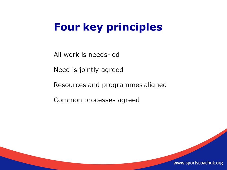 Four key principles All work is needs-led Need is jointly agreed Resources and programmes aligned Common processes agreed