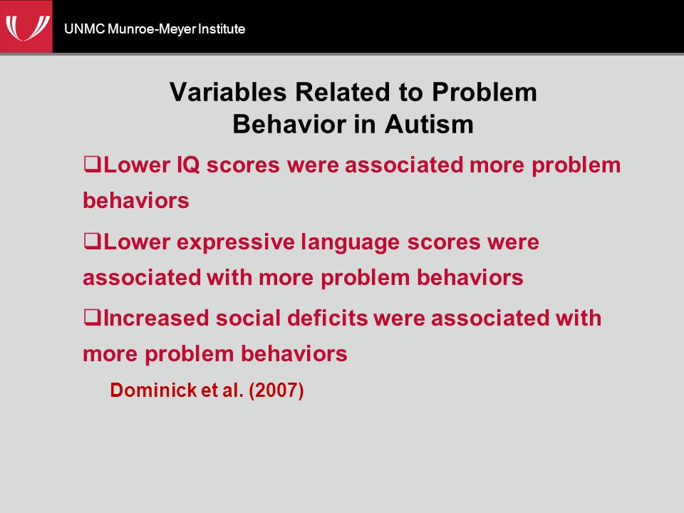 Variables Related to Problem Behavior in Autism  Lower IQ scores were associated more problem behaviors  Lower expressive language scores were associated with more problem behaviors  Increased social deficits were associated with more problem behaviors Dominick et al.