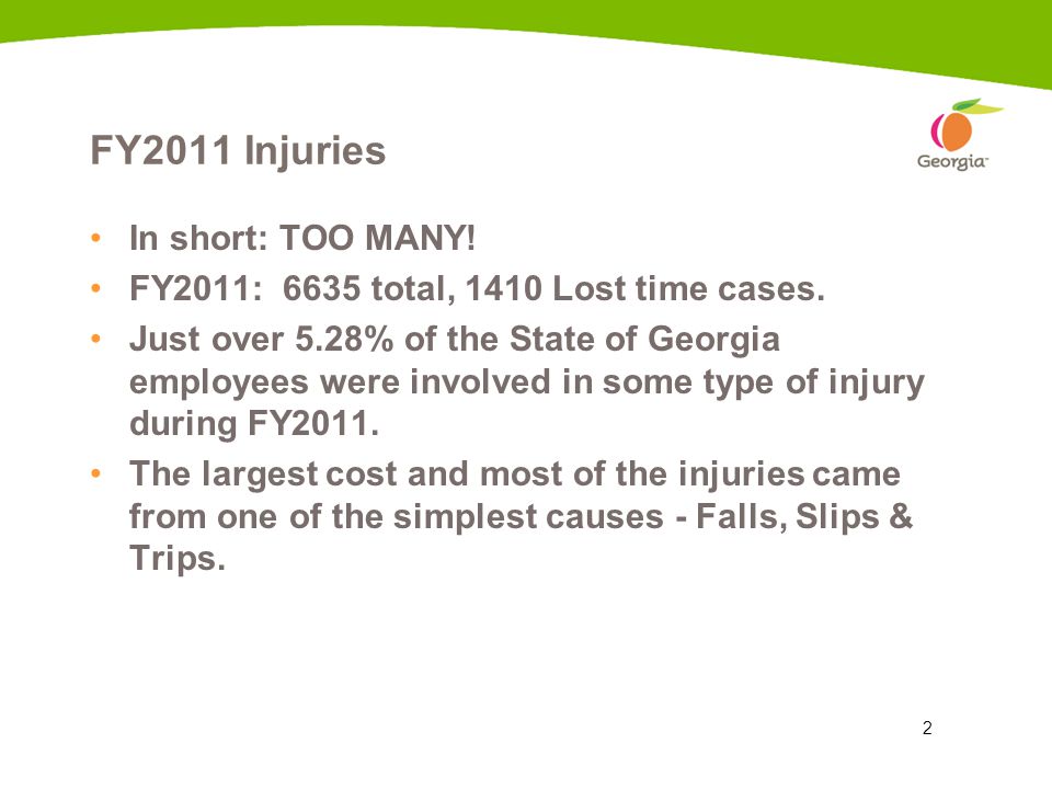 2 FY2011 Injuries In short: TOO MANY. FY2011: 6635 total, 1410 Lost time cases.