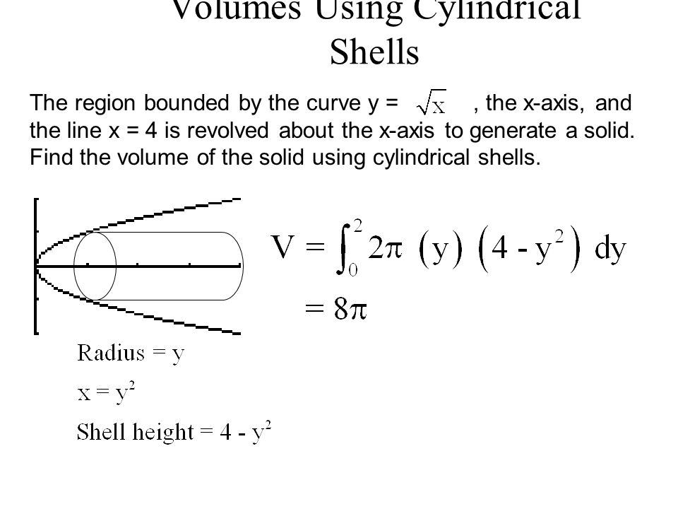 Volumes Using Cylindrical Shells The region bounded by the curve y =, the x-axis, and the line x = 4 is revolved about the x-axis to generate a solid.