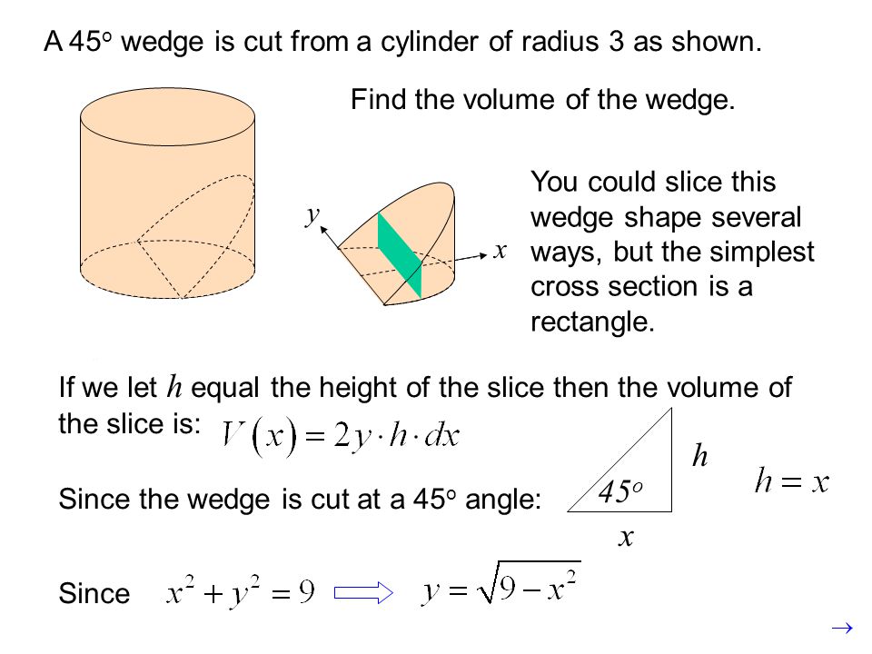 x y A 45 o wedge is cut from a cylinder of radius 3 as shown.