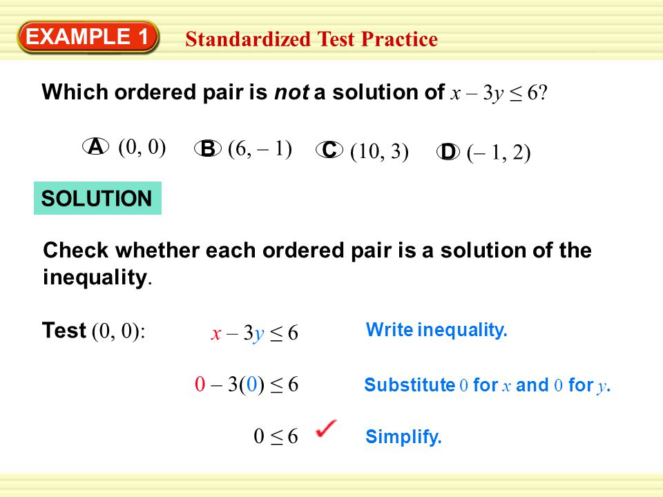 Warm-Up Exercises SOLUTION EXAMPLE 1 Standardized Test Practice Which ordered pair is not a solution of x – 3y ≤ 6.